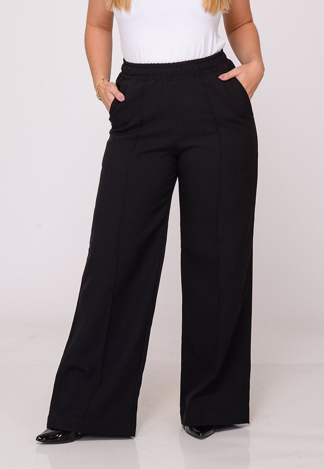 Imagem principal Calça Wide Leg Feminina Cintura Alta Elastico Macaw preto