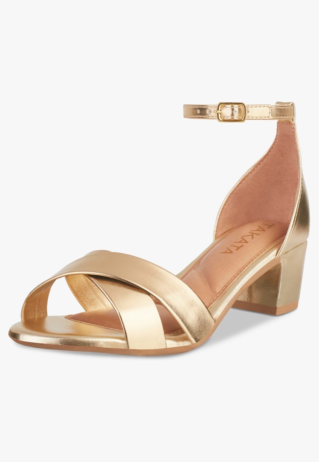 Imagem principal Sandália Feminina Salto Bloco Grosso Quadrado Baixo Tira Cruzada Amarração Metalizada Dourada TAKATA BY RAFAEL TAKATA dourado