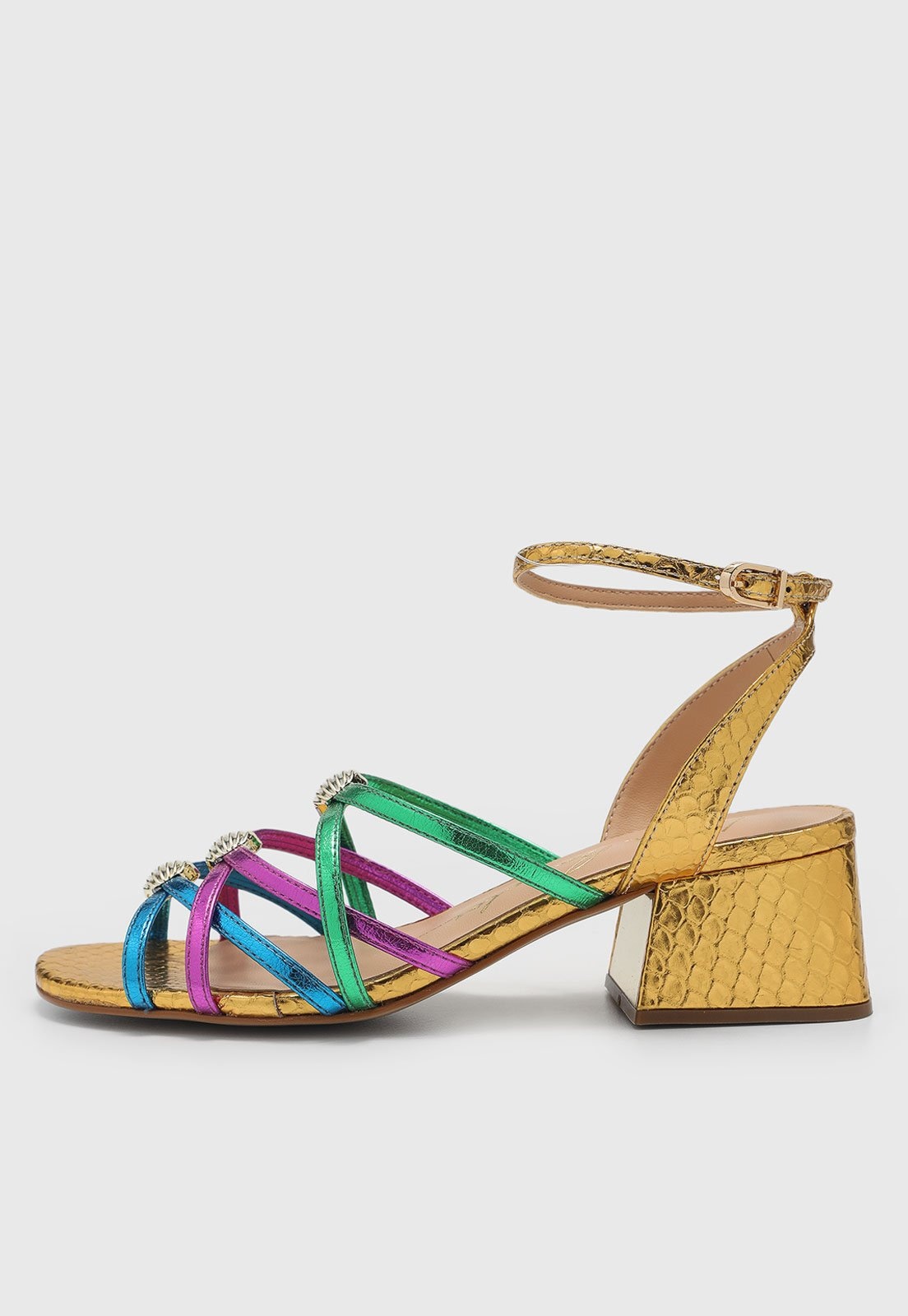 Imagem principal Sandália Feminina Luiza Barcelos Salto Bloco Tiras Metalizadas Multicoloridas Dourada Luiza Barcelos dourado