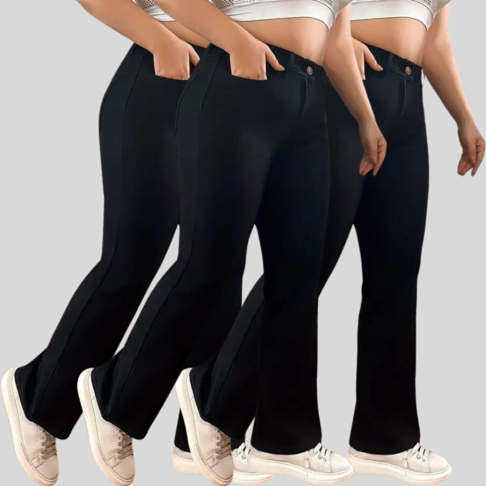 Imagem principal Kit 3 Calças Jeans Feminina Plus Size Flare Preta com Cintura Alta e Empina Bumbum Preta TEX JEANS preto