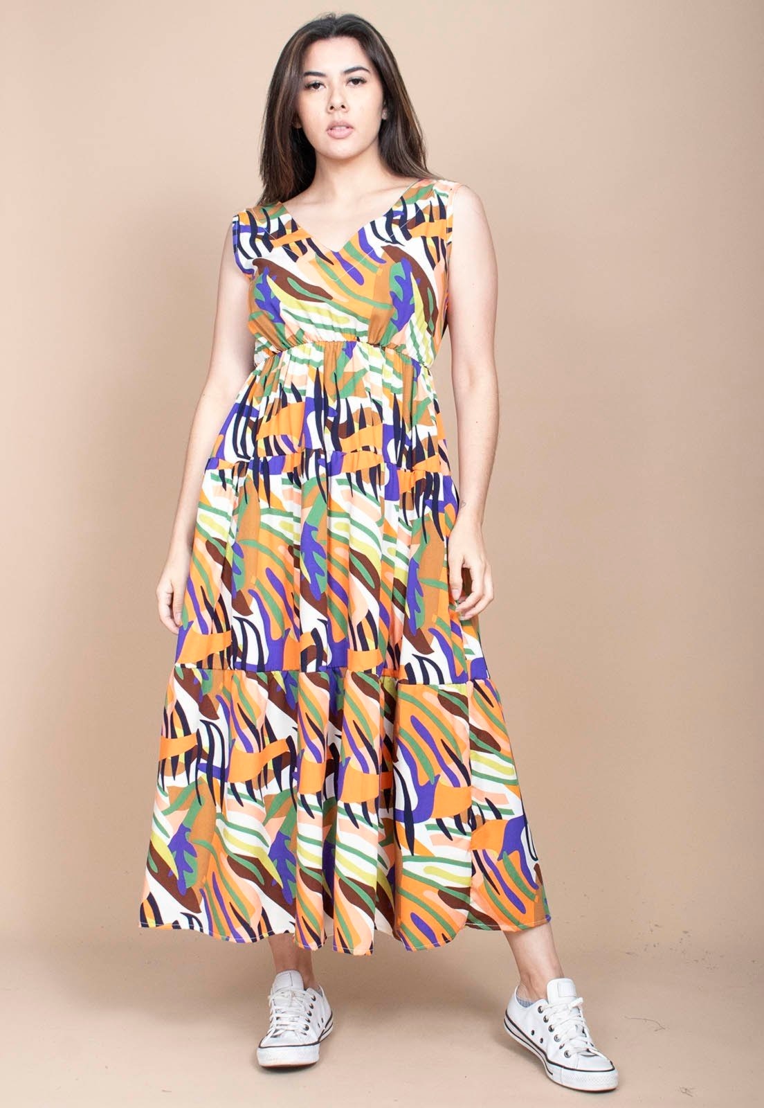 Imagem principal Vestido Cabanafree Regata Longo Peri Viscose Camadas Estampa Cores Vibrante Cabanafree azul/estampado/laranja/verde