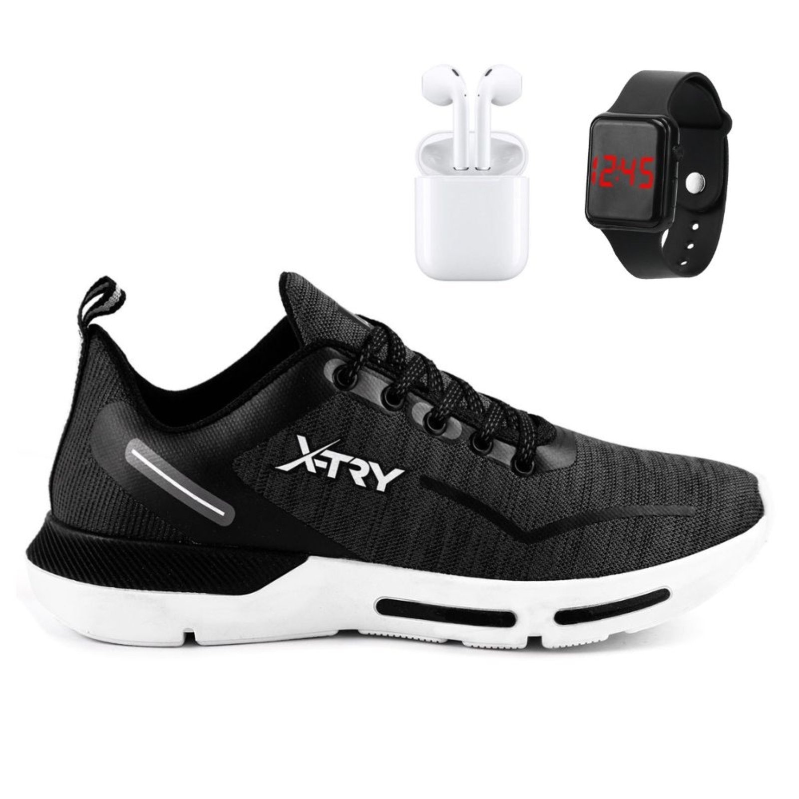 Imagem principal Kit Tênis Esportivo Masculino com Fone Sem Fio e Relógio Sapatofran preto