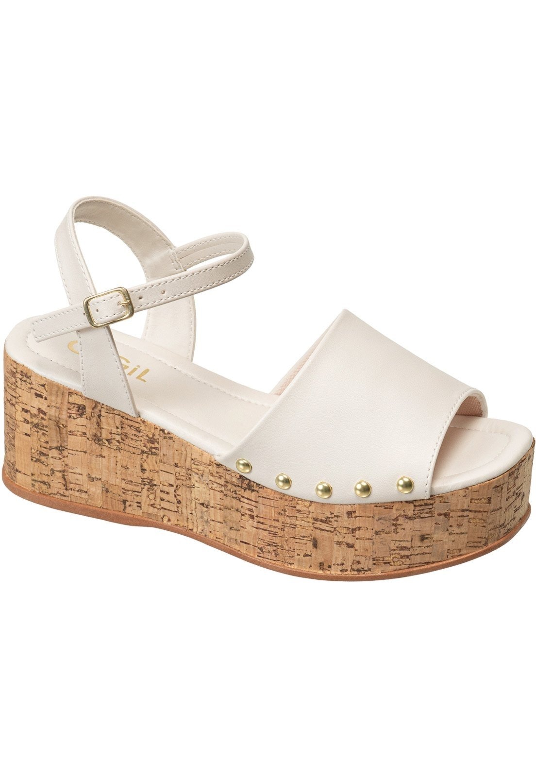 Imagem principal Sandália Feminina GiGiL Plataforma Anabela Flatform Salto Alto Tira Larga Tachas Laterais Off White Gigil branco/off-white white