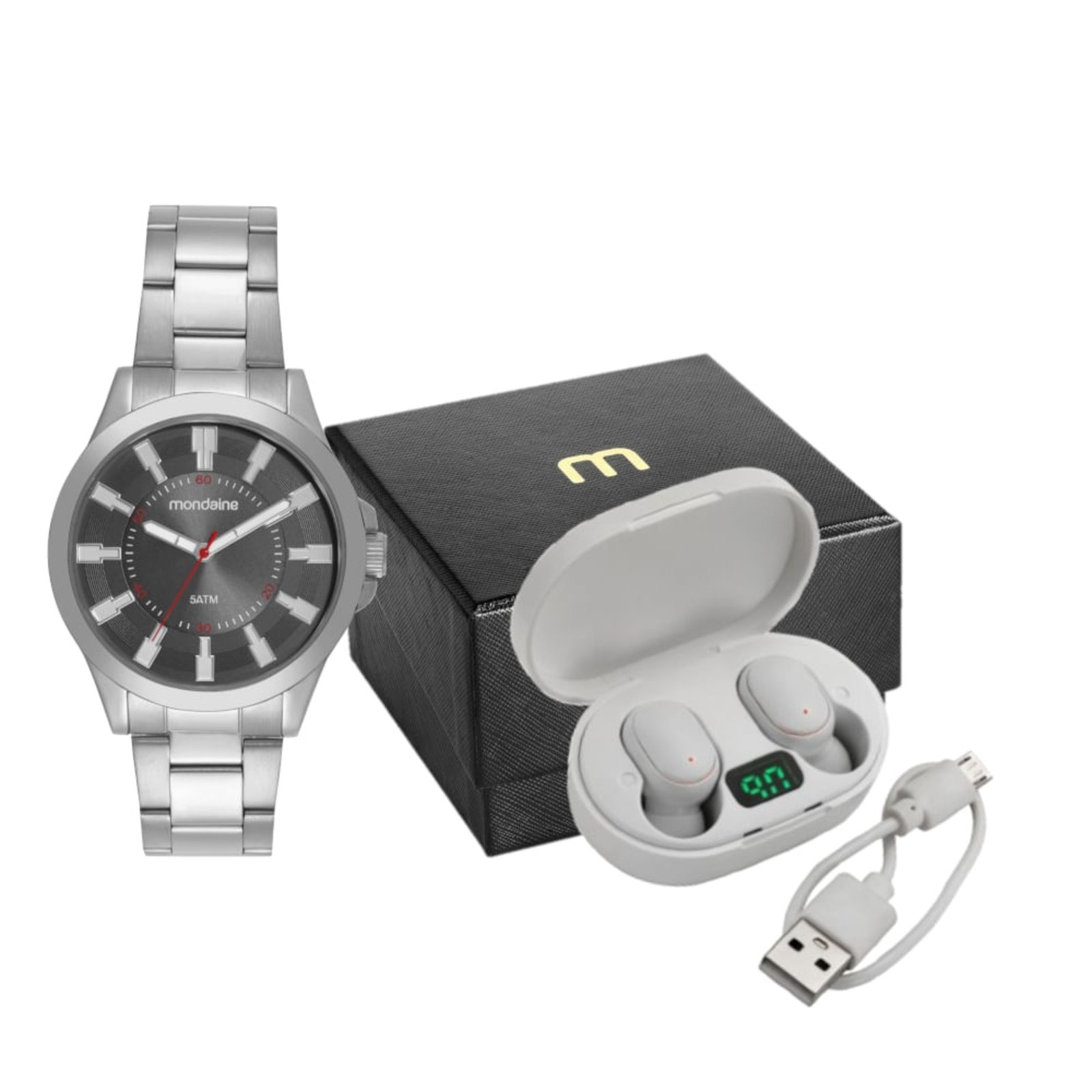 Imagem principal Kit Relógio Masculino Visor Dupla Textura Com Fone Bluetooth Mondaine prata