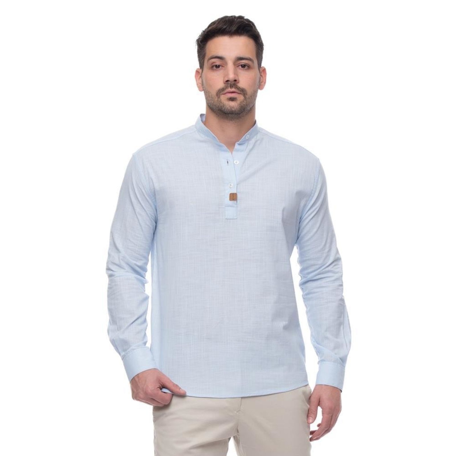 Imagem principal Camisa Social Bata Masculina Gola Padre Moderna Linho Casual Claro P TEODORO CAMISARIA azul