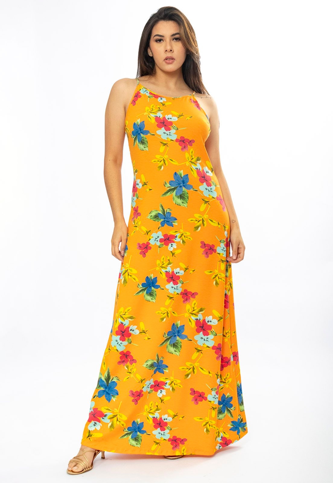 Imagem principal Vestido Longo Cabanafree Malha Trapézio Laranja Floral Cabanafree azul/estampado/verde/vermelho
