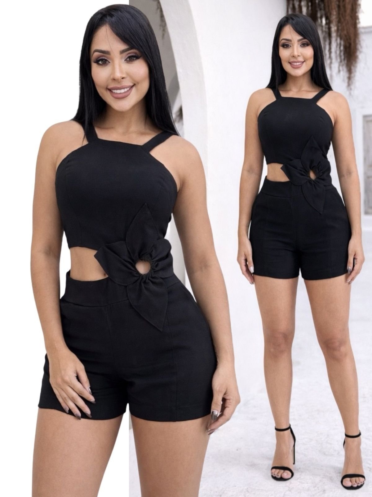 Imagem principal Macacão curto feminino alfaiataria tropical fashion flor 3d na cintura 2nv TROPICAL FASHION preto