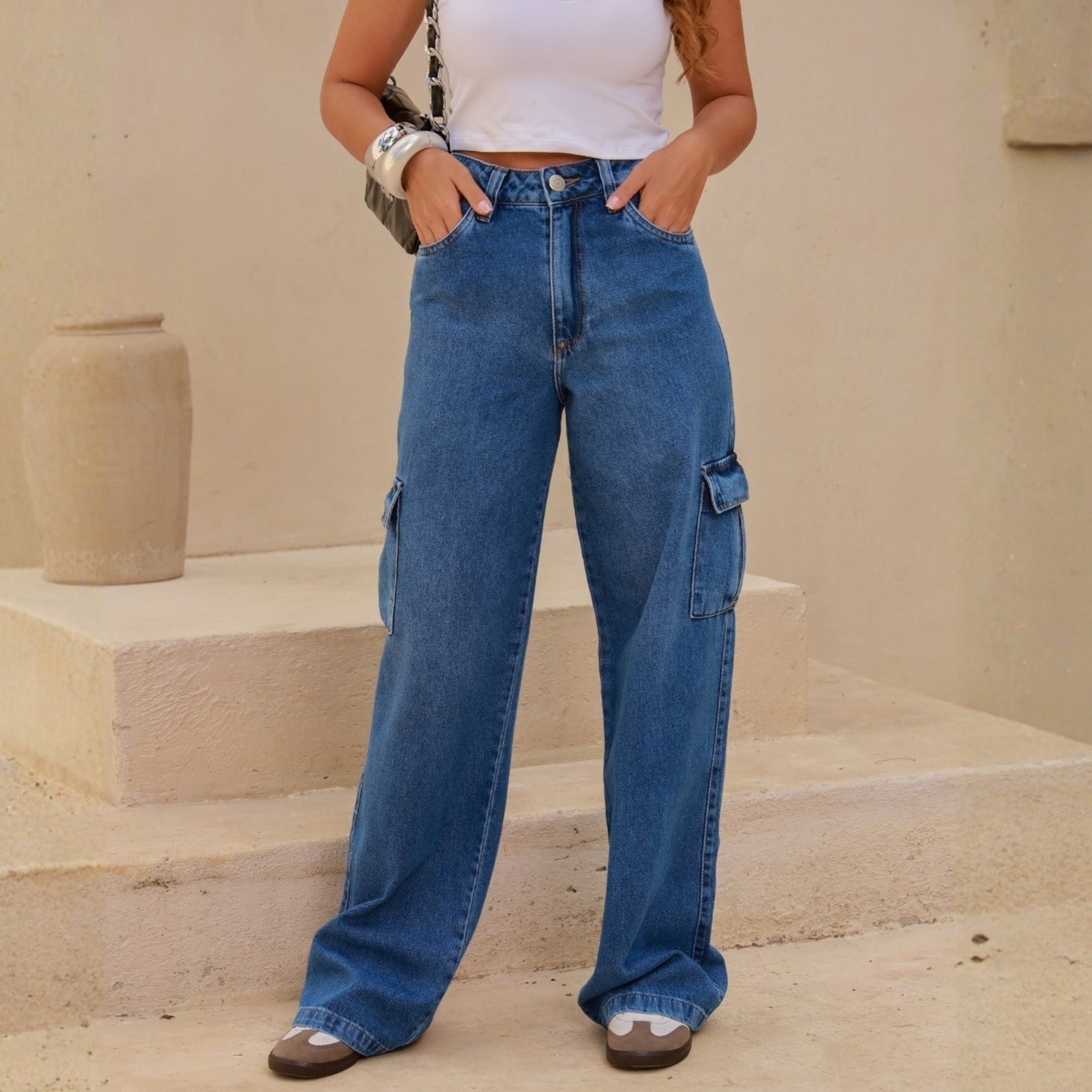 Imagem principal Calça Jeans Wide Leg Bolso Cargo Lateral Feminina Revanche Croas Revanche unico