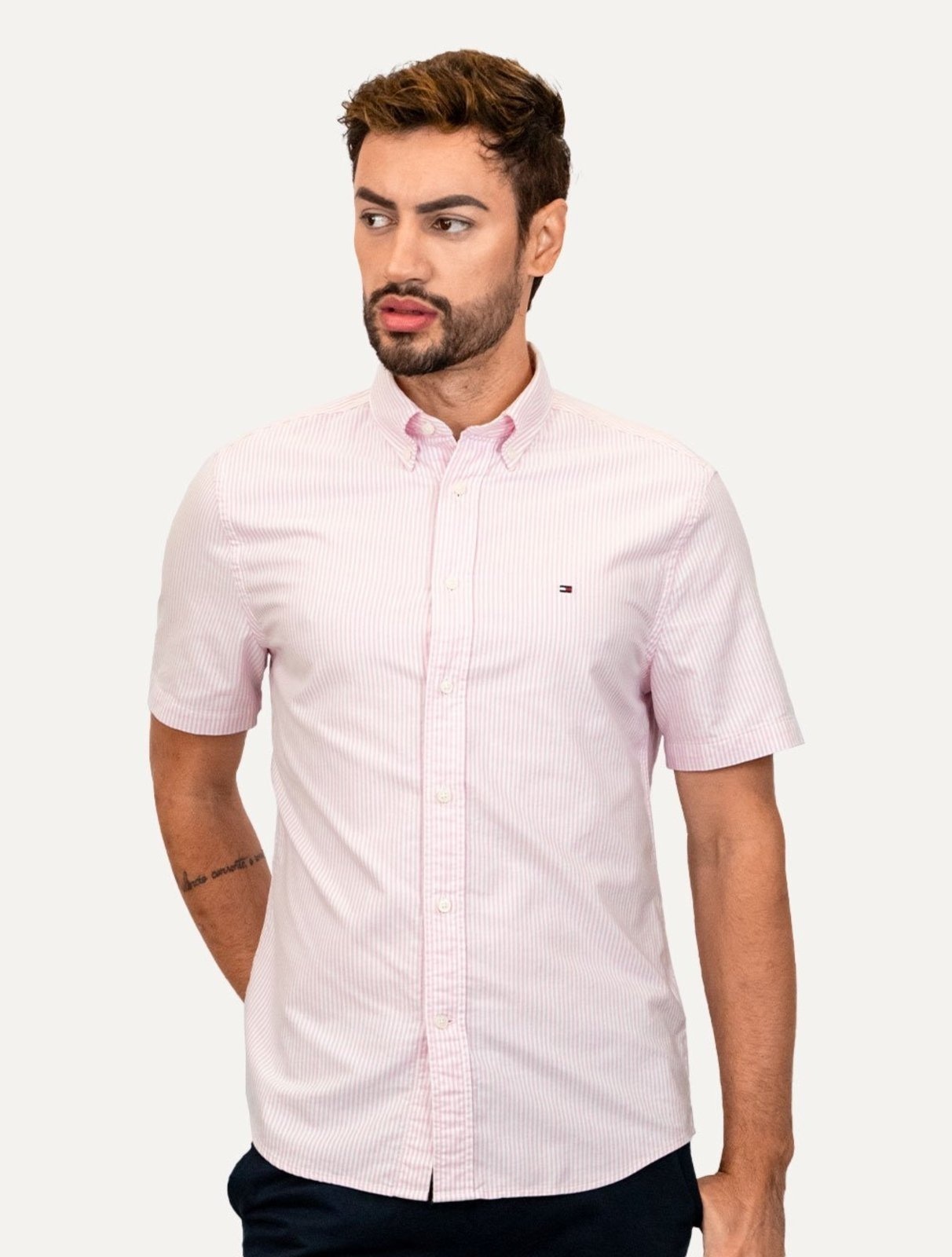Imagem principal Camisa Tommy Hilfiger Masculina Manga Curta Regular Oxford Stripes Mescla Tommy Hilfiger rosa