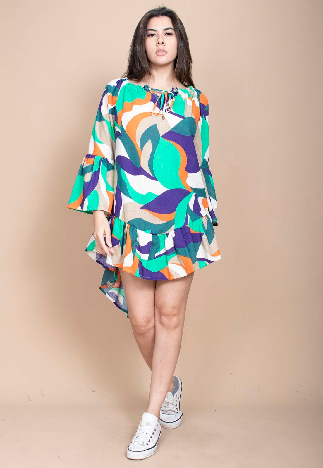 Imagem principal Vestido Curto Cabanafree Viscose Com Babados Estampa Brisa do Mar Cabanafree estampado/laranja/roxo