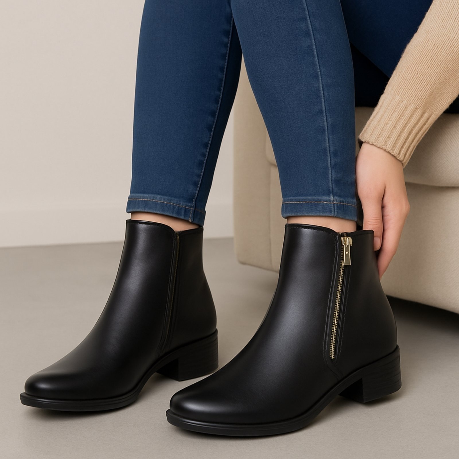 Imagem principal Bota Feminina Cano Curto Yes Basic Salto Baixo Ziper Lateral em Couro Preta Yes Basic preto