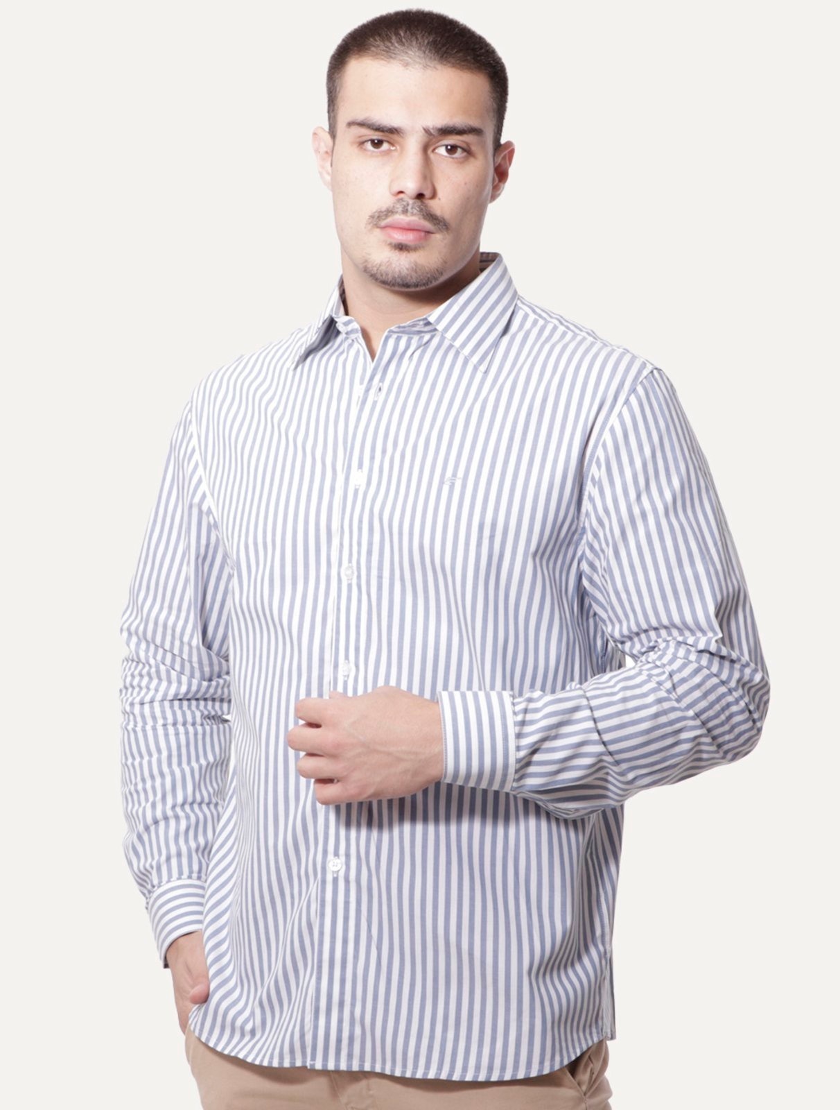 Imagem principal Camisa Ellus Masculina Tricoline Dash Stripe Classic Italian Branca/Azul Ellus branco azul