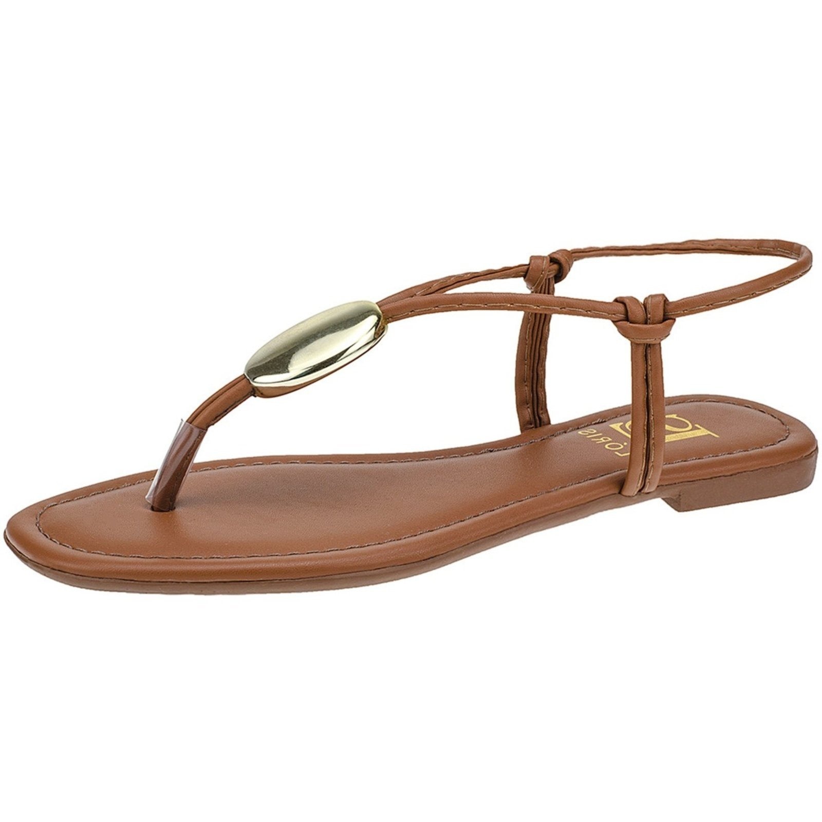 Imagem principal Sandália de Tiras Lóris Shoes com Enfeite ABS Dourado Rasteira Confortável Rasteirinha 4017 LÓRIS SHOES caramelo