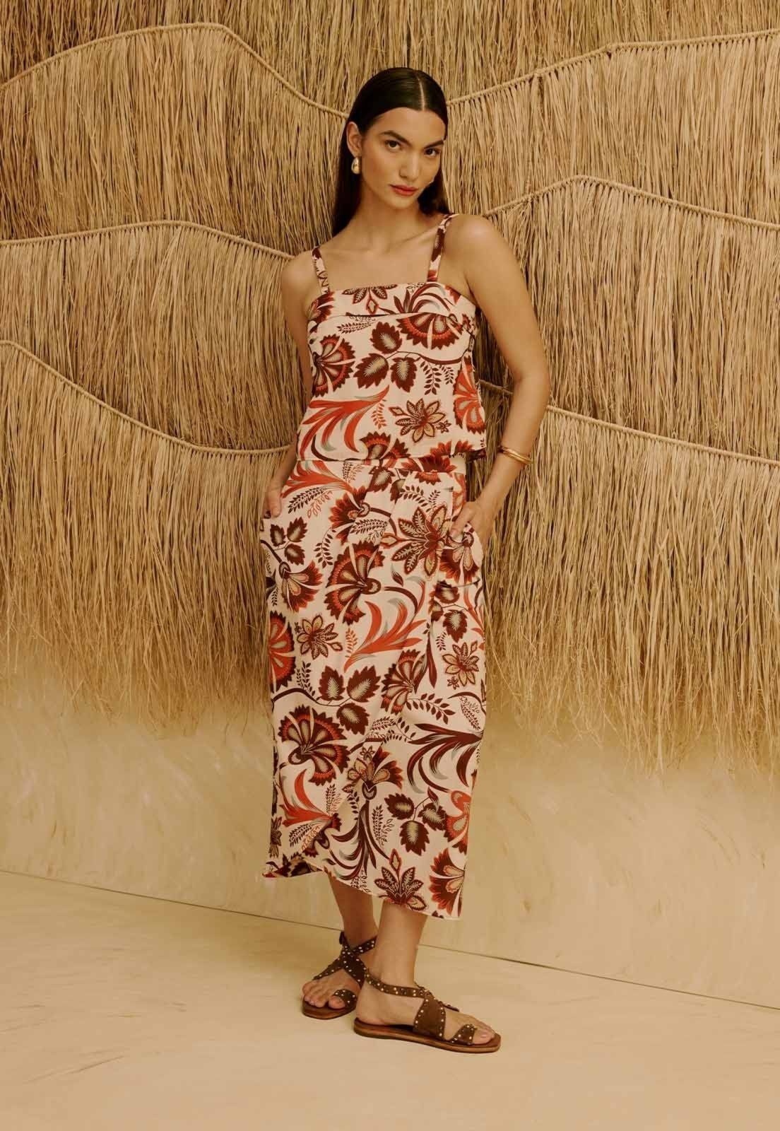 Imagem principal Saia Midi com Pregas Estampada Tika CaCay marrom