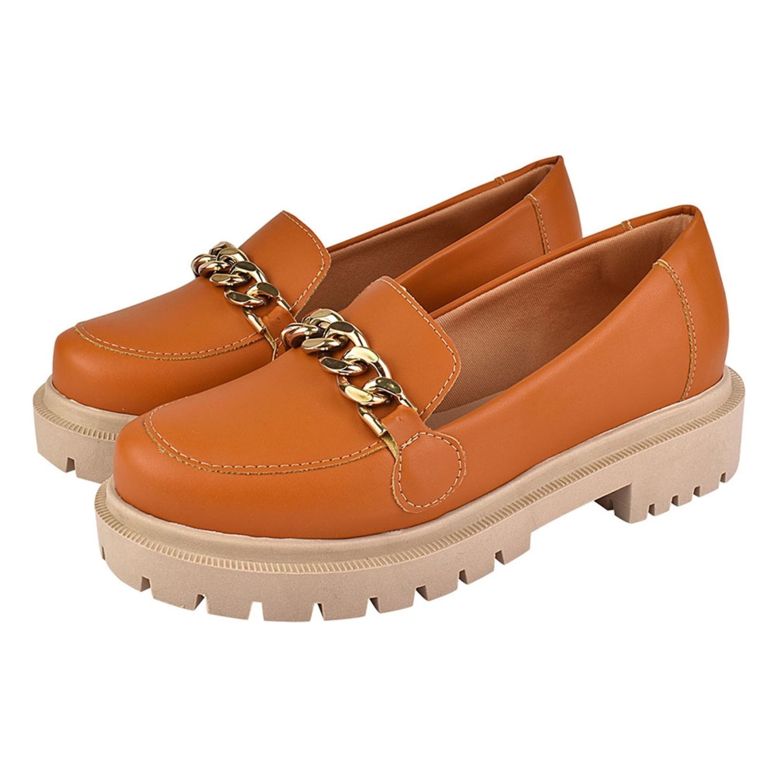 Imagem principal Sapato Feminino Mocassim Tratorado CM Calçados Bico Redondo Confort com corrente Monte Shoes caramelo