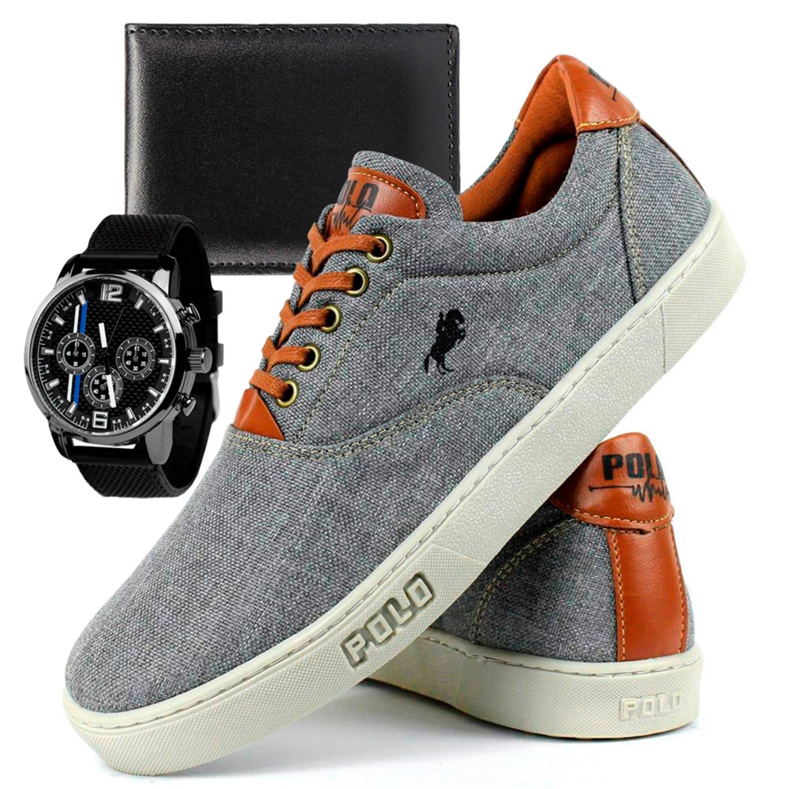Imagem principal Kit Tenis Polo Cinza Masculino Wit Shoes Sapatenis Casual Relogio E Carteira Wit Shoes cinza wit