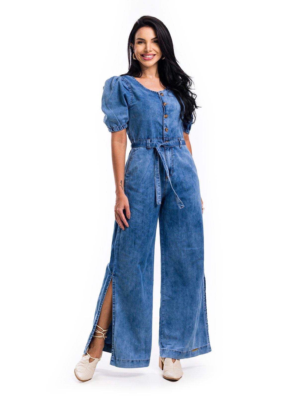 Imagem principal Macacão Pantalona Restrito Jeans Manga Bufante MÉDIO Restrito Jeans azul