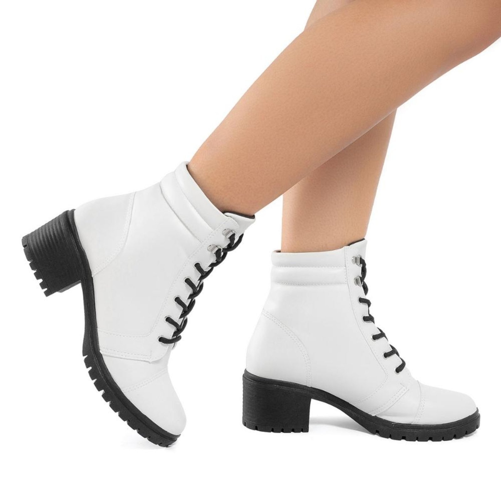 Imagem principal Bota Coturno Feminina Cano Baixo Tratorada Salto Confort Off White Com Preto Stessy Shoes branco/off-white white