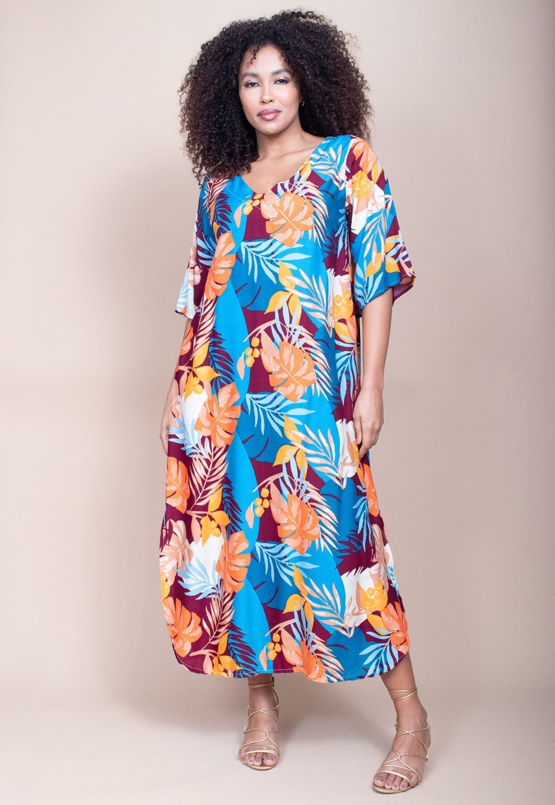 Imagem principal Vestido Cabanafree Midi Abapã Plano com Bolso Estampa Aurora Profunda Cabanafree estampado/laranja/marrom