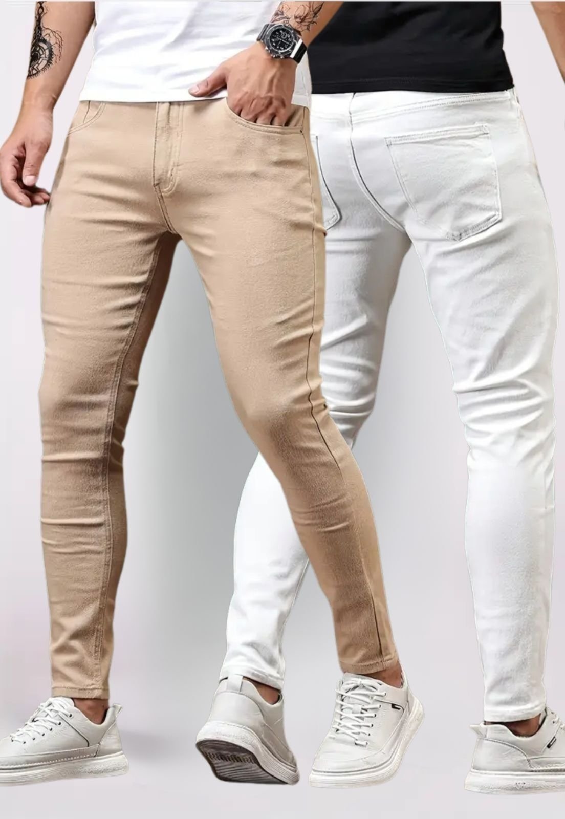 Imagem principal Kit 2 Calça Masculina Tempo Hábil Bege e Branco Sarja Corte Tradicional 5 Estilo multicolorido