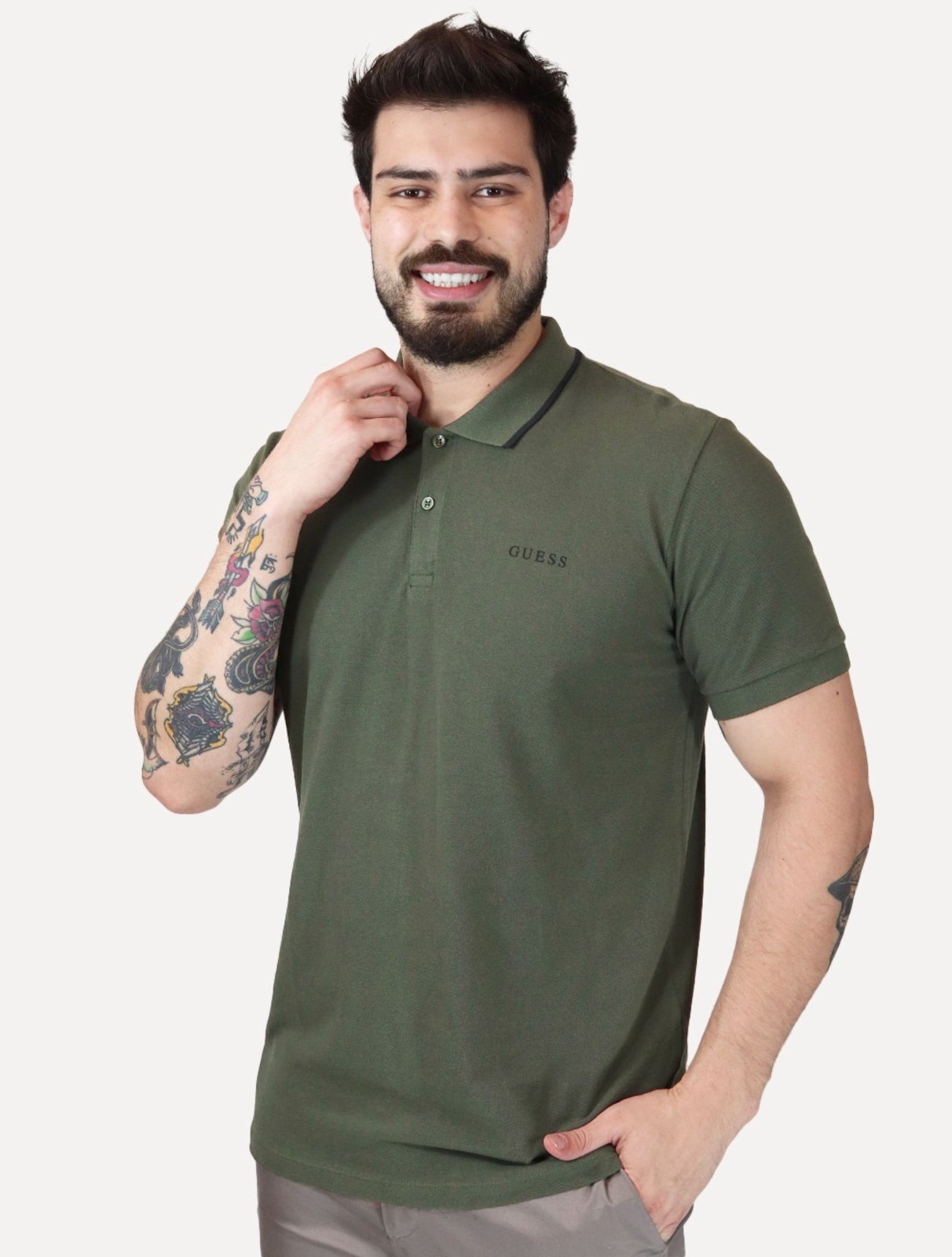 Imagem principal Polo Guess Masculina Piquet Silk Linear Dark Friso Guess verde militar