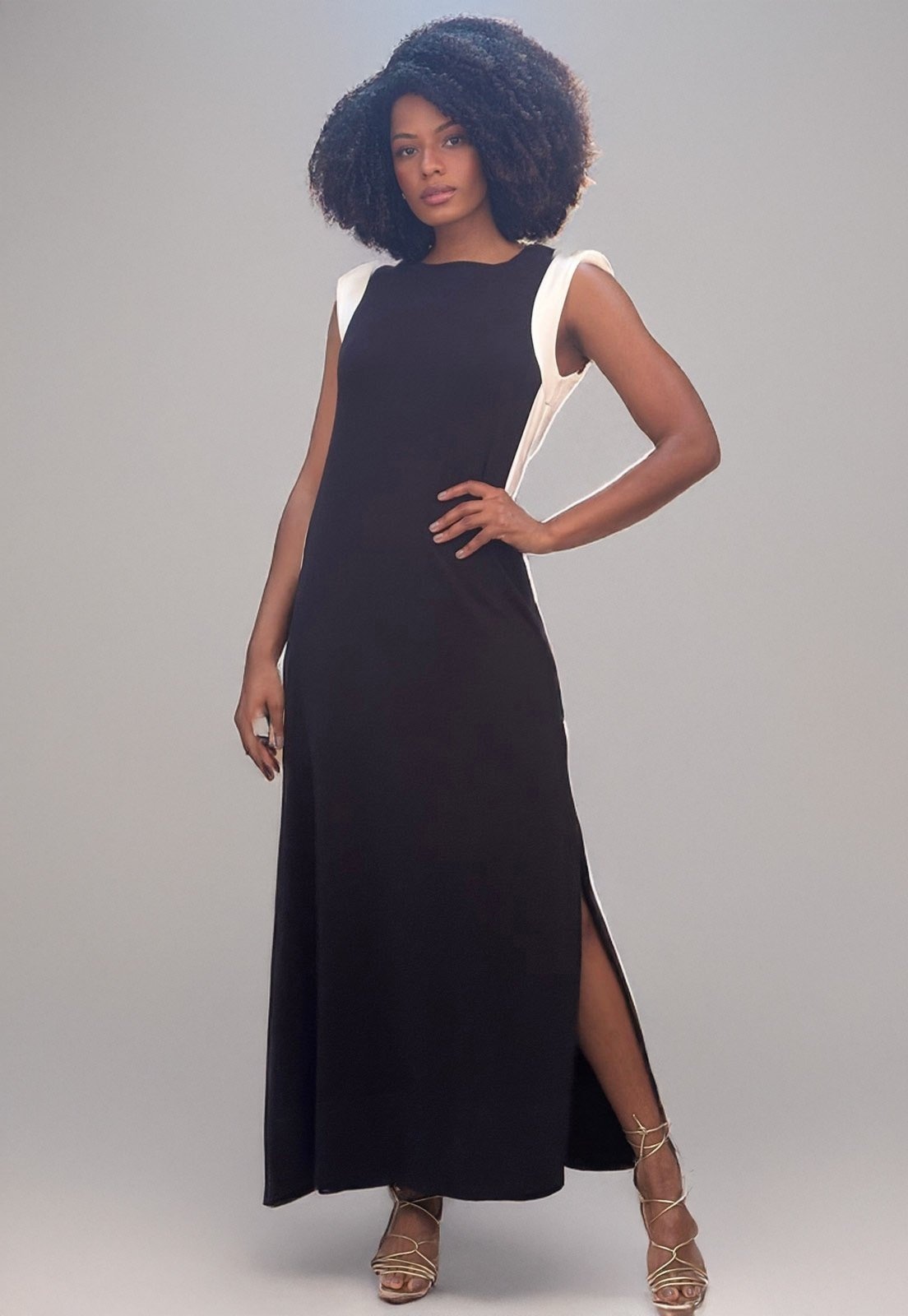 Imagem principal Vestido Longo Amazonia Vital Malha Preto com Detalhes Branco Black White Amazonia Vital off-white/preto black