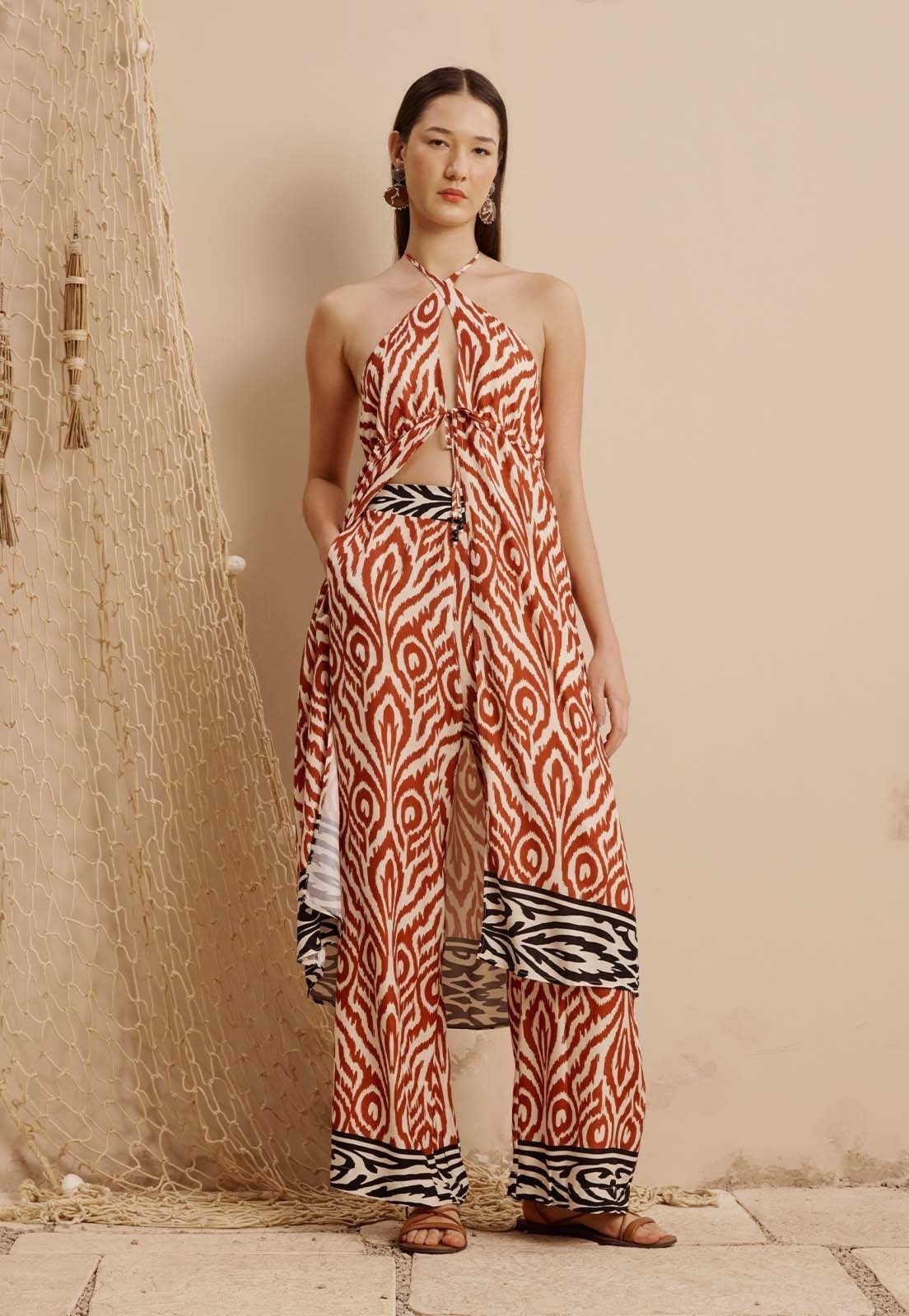 Imagem principal Calça Pantalona Elástico Costas Estampada Aruma CaCay marrom