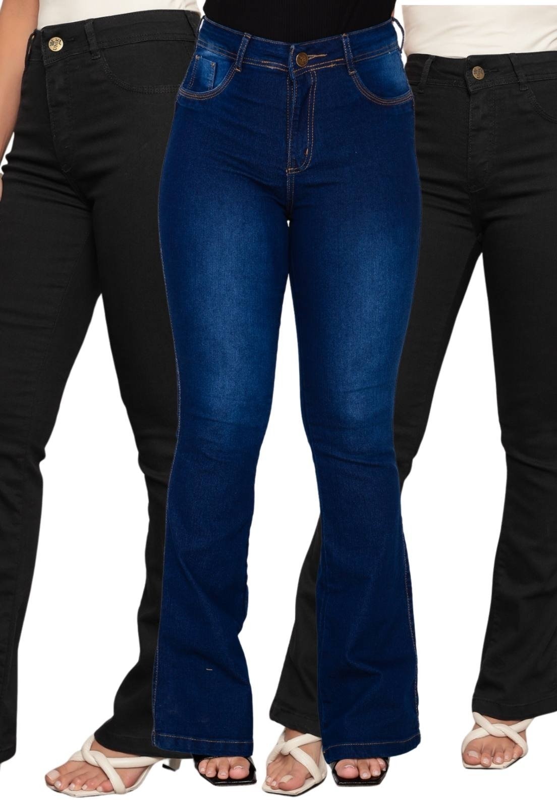 Imagem principal KIT 3 Calça Feminina Flare Mys Jeans Cintura Alta Confortável Preto e Manchado Ethereal Jeans azul/preto azul