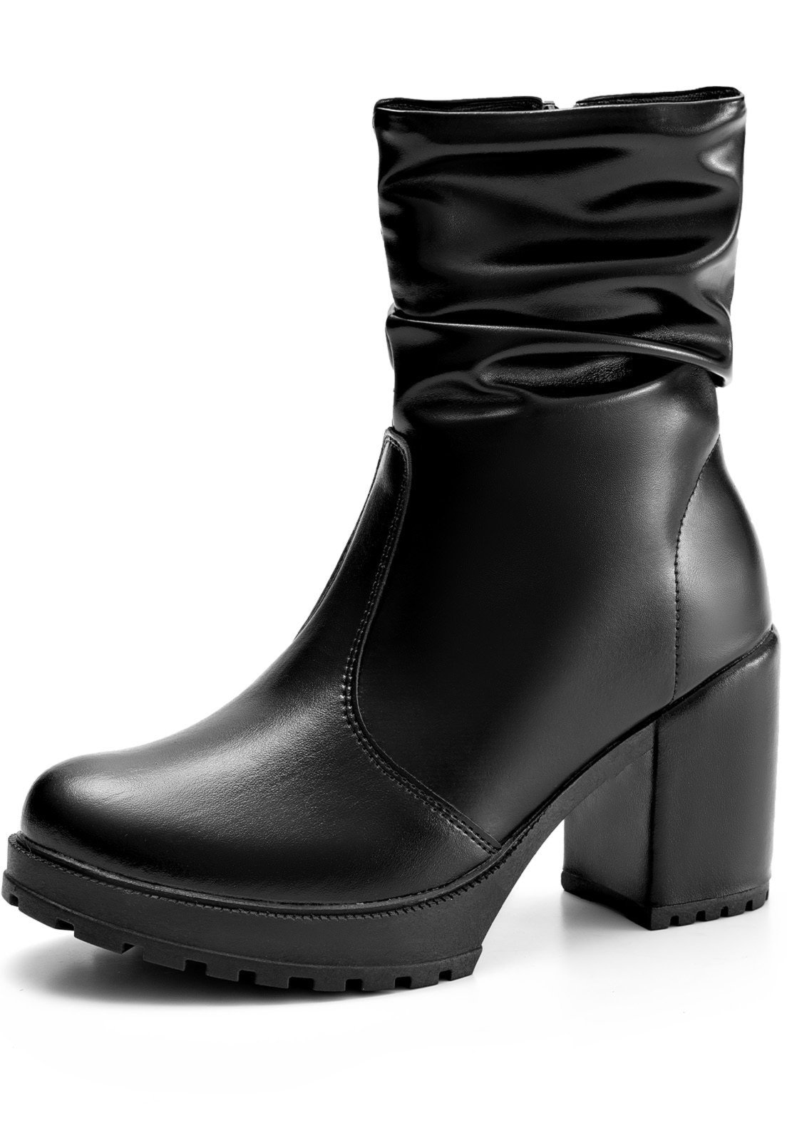 Imagem principal Bota Feminina Lumiss Tratorada Cano Curto Salto Bloco Alto Enrugada LUMISS preto