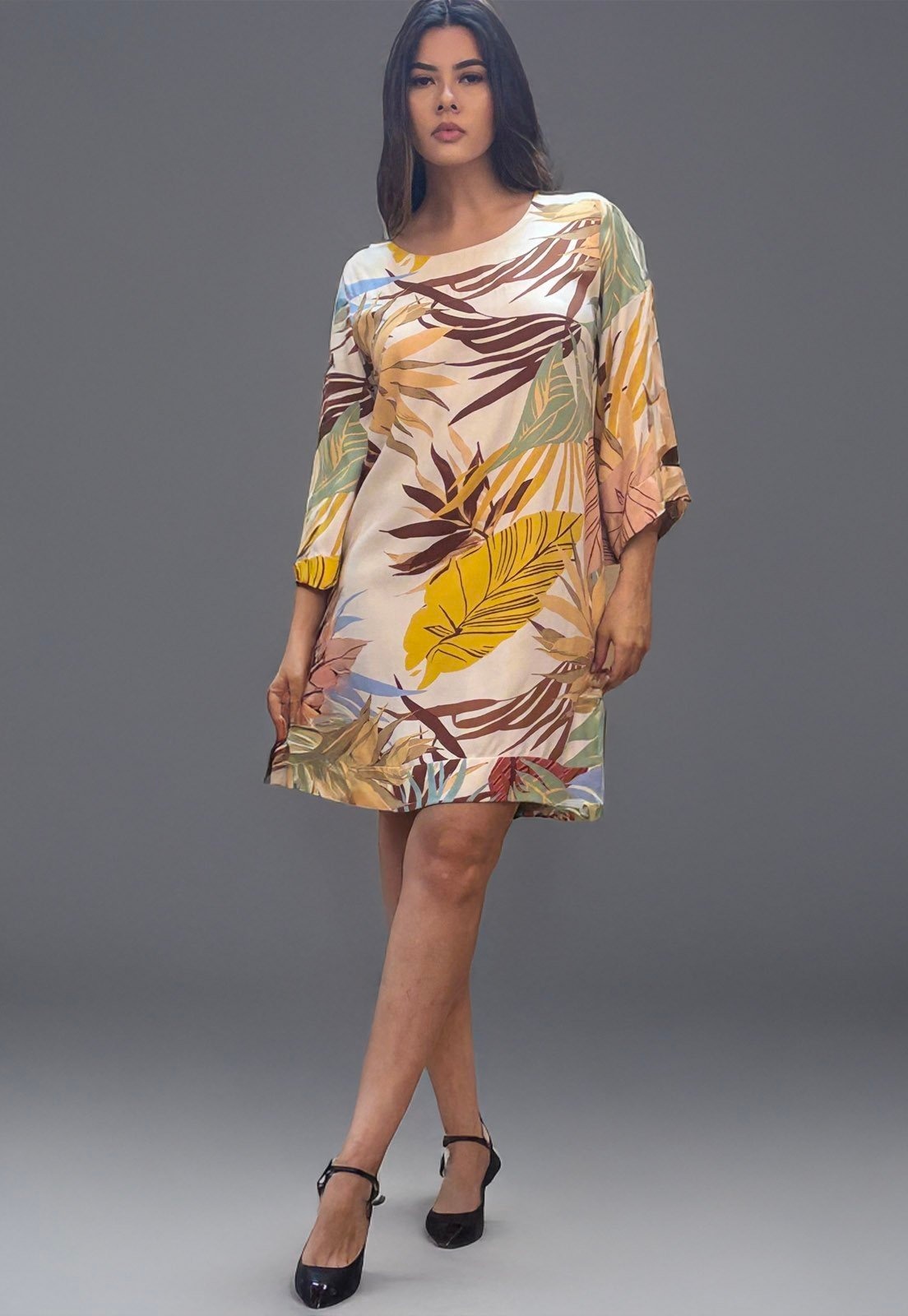 Imagem principal Vestido Curto Amazonia Vital Viscose Manga Ampla Balli Aurora Suave Amazonia Vital amarelo/azul/estampado/verde