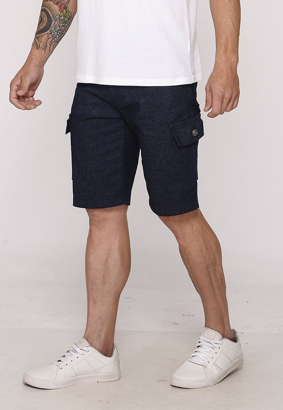 Imagem principal Bermuda Masculina Cargo Sarja Elástica Bolsos Laterais Casual Confortável Marinho Macaw azul/azul marinho azul