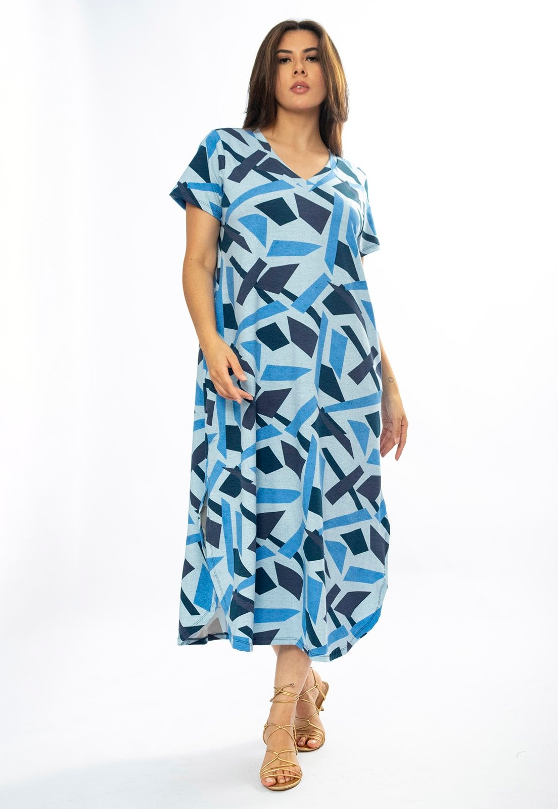 Imagem principal Vestido Amazônia Vital Midi Abapã Malha com Bolso Estampa Caminhos de Azul Amazonia Vital azul marinho/estampado