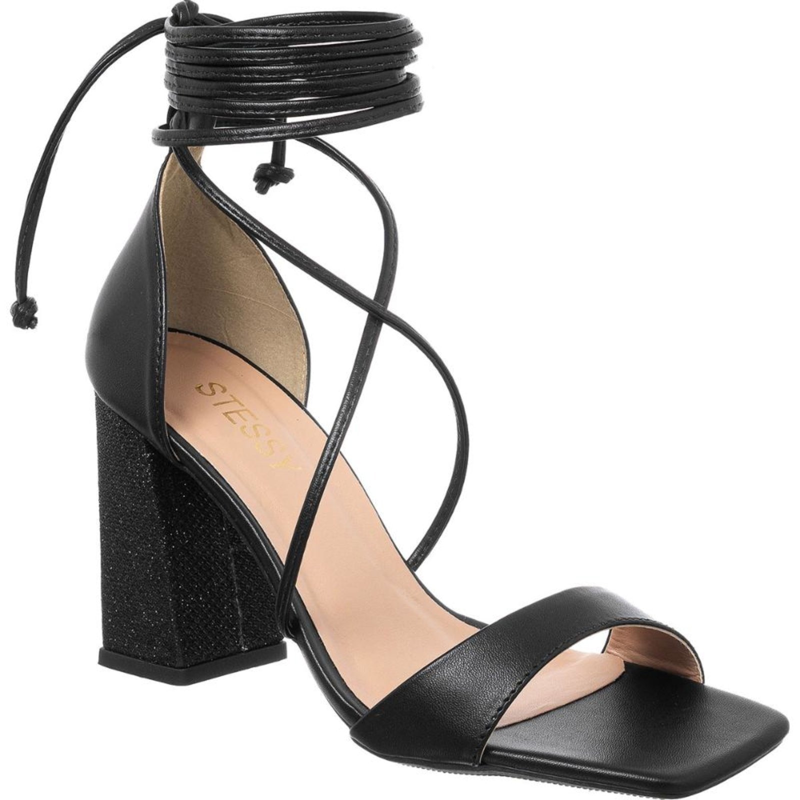 Imagem principal Sandália Feminina Brilho Strass Salto Alto Bloco Amarração Stessy Shoes preto