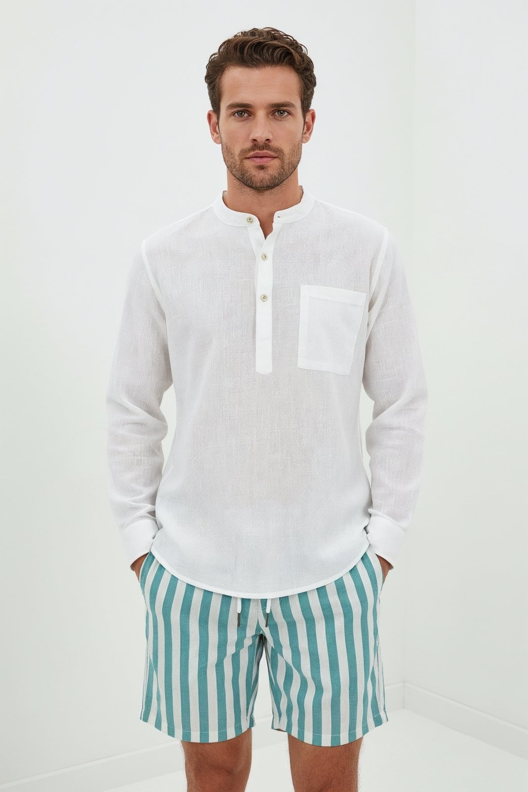 Imagem principal Short Listrado Cós Elástico Traymon List Verde Agua/Off Traymon listra verde