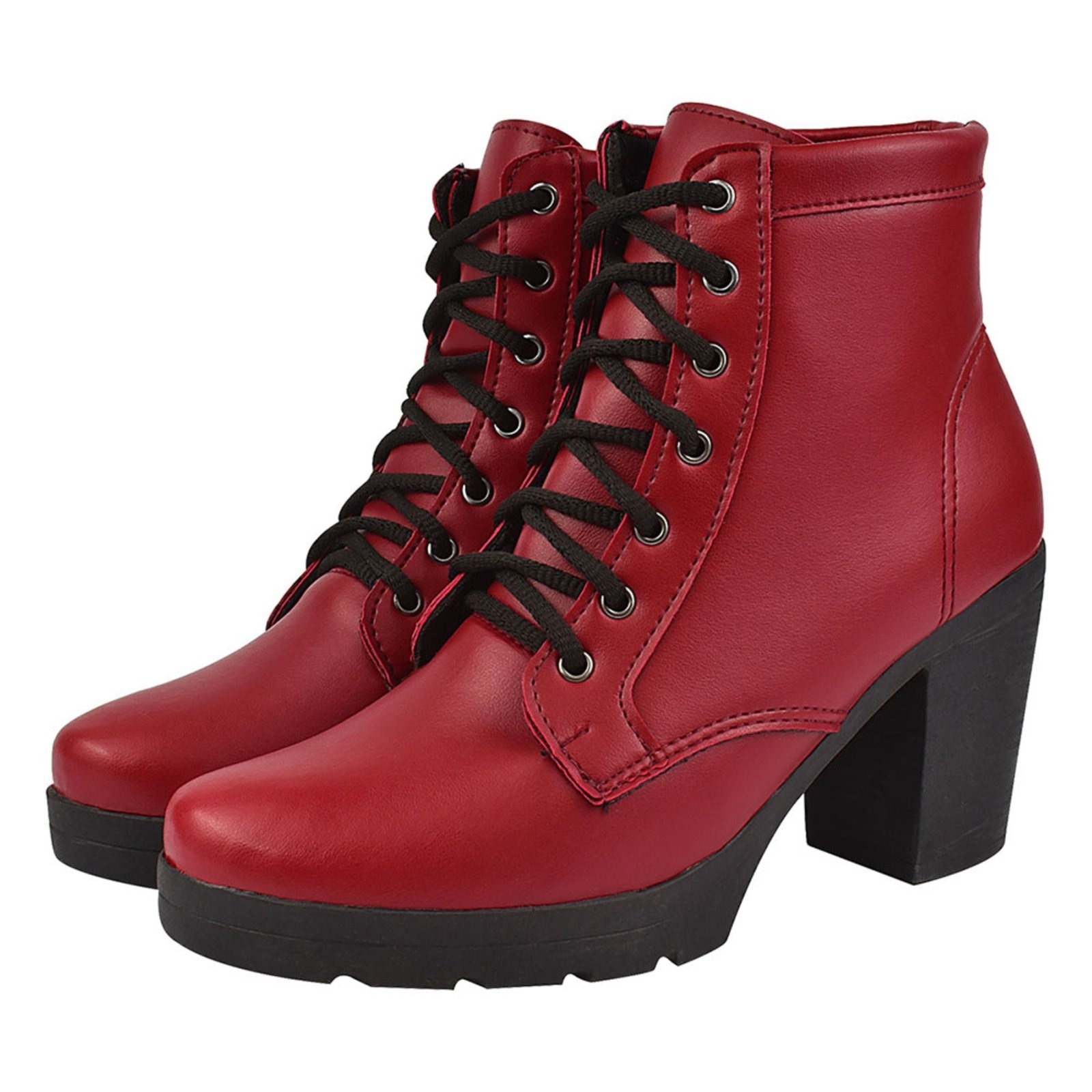 Imagem principal Coturno Feminino Bota Cano Médio CM Calçados Confortável Macio Salto Alto Tratorado Monte Shoes vermelho