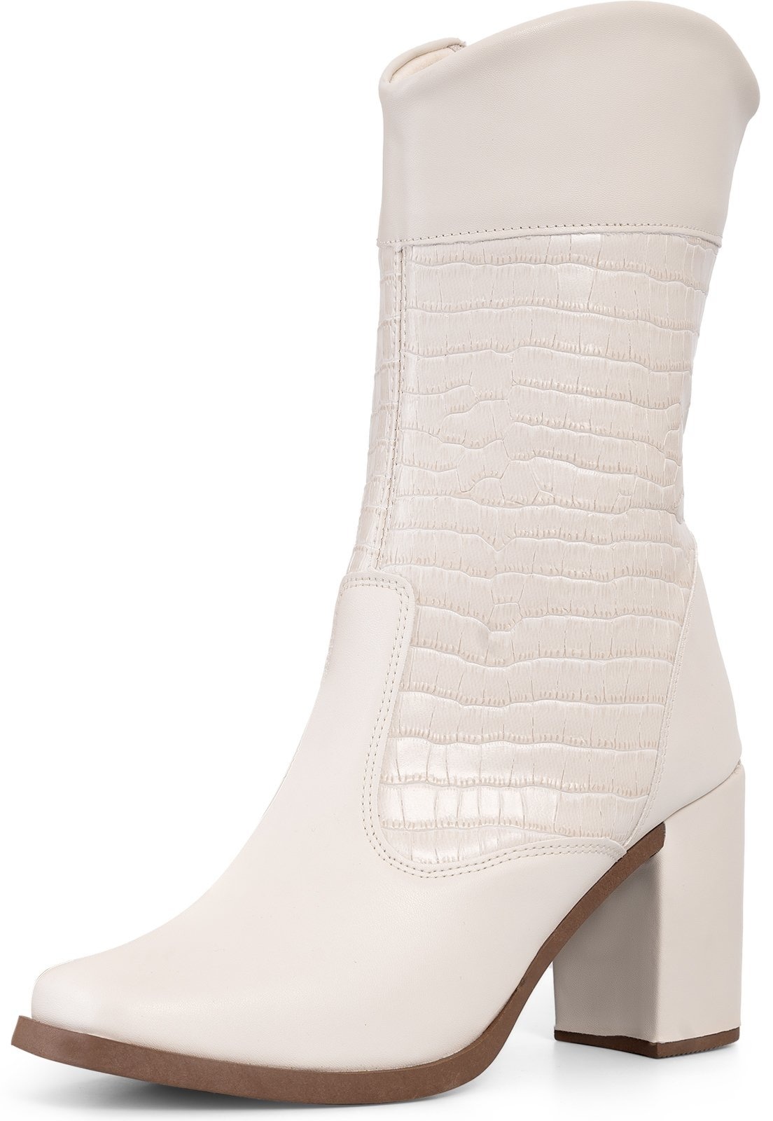 Imagem principal Bota Cano Médio Feminina Lumiss Salto Bloco Alto Grosso Confortável Blogueira Croco Off White LUMISS off-white white