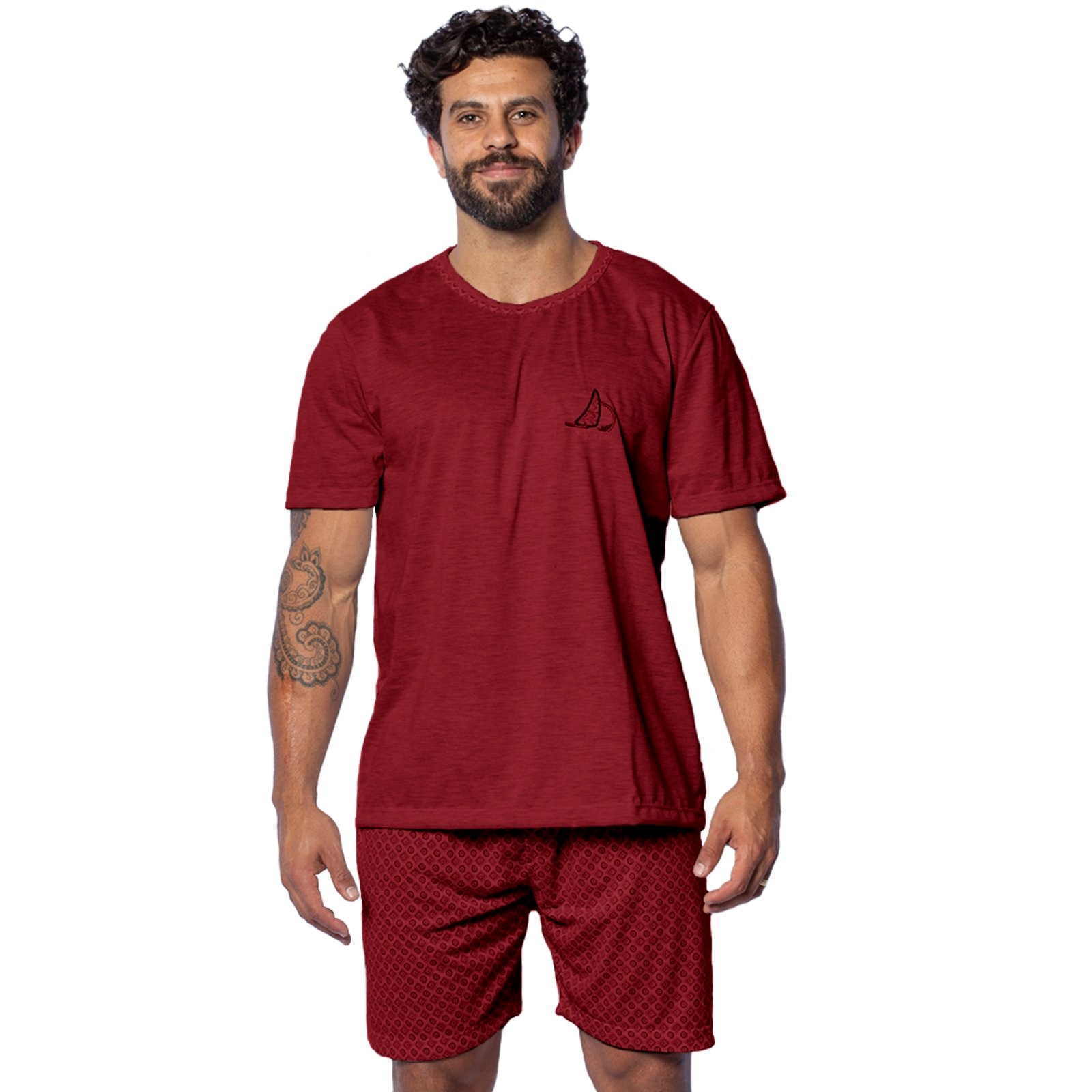 Imagem principal Pijama Masculino Gabi Lingerie de Malha Confortável Verão Manga Curta Poliéster Fresco Elegante Rubro Gabi Lingerie vinho