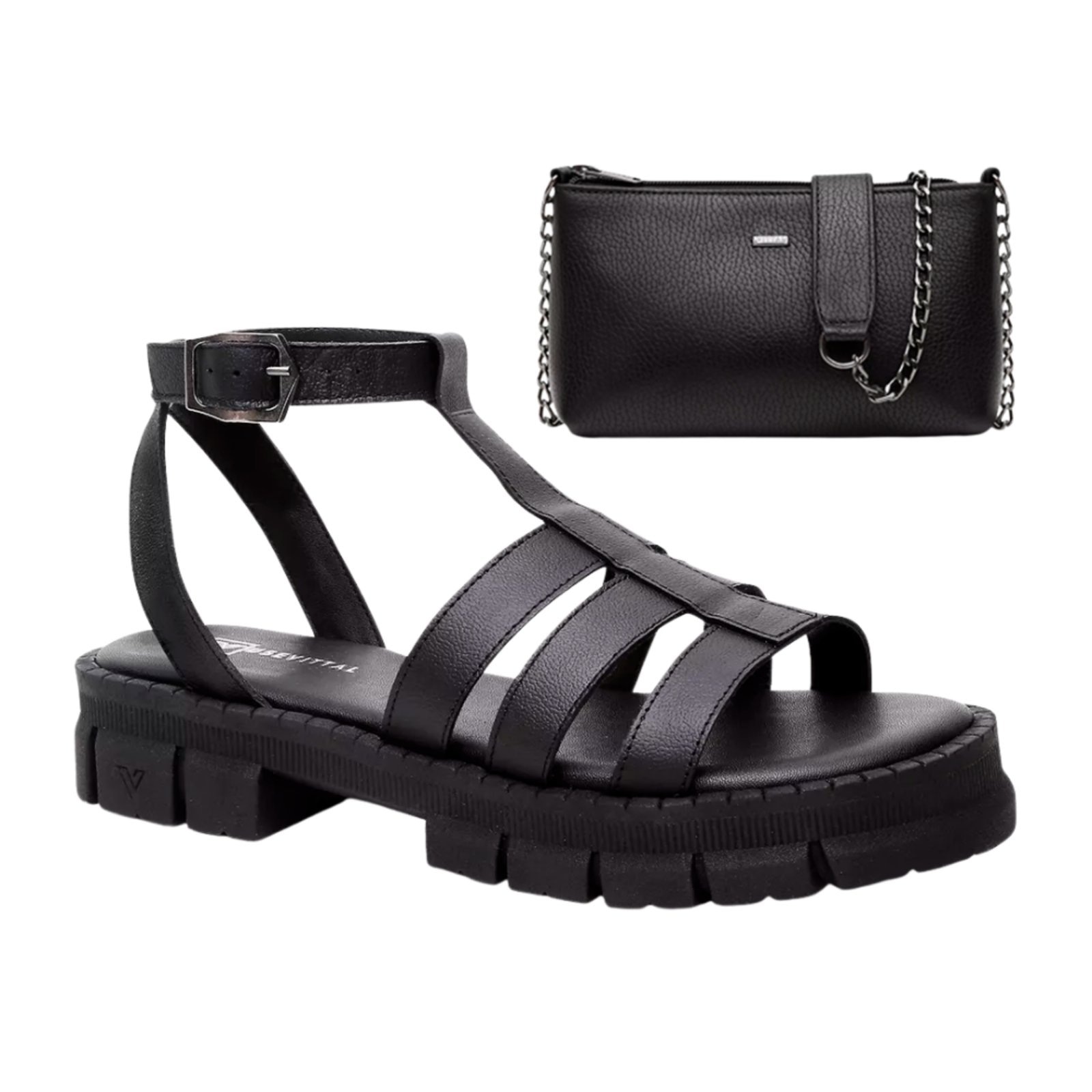 Imagem principal Kit Sandália e Bolsa Feminina Vittal Couro Legítimo Preta USE VITTAL grafite