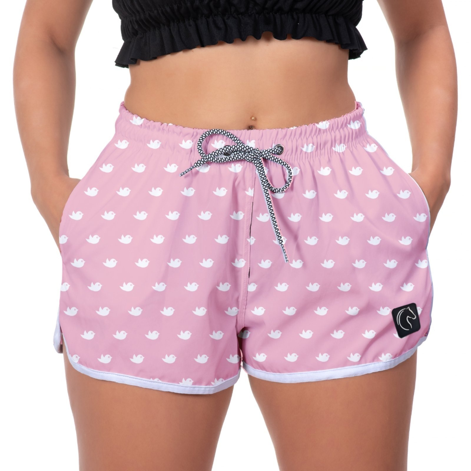 Imagem principal Short Feminino W2 Premium com Elástico e Cordão Ajustável Bolsos Laterais e Secagem Rápida Casual Praia ou Academia Passarinhos Rosa W2 STORE branco/rosa rosa