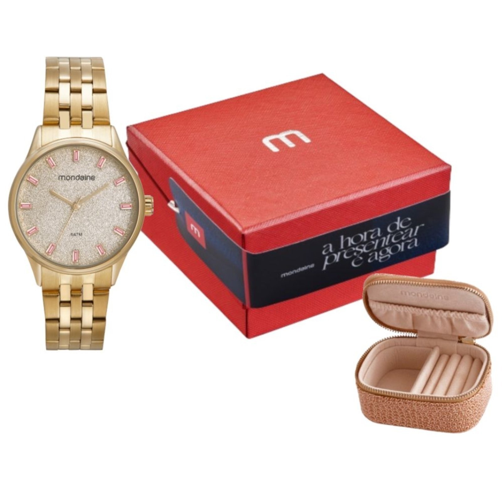 Imagem principal kit Relógio Feminino Cristais Com Porta Jóias Mondaine dourado