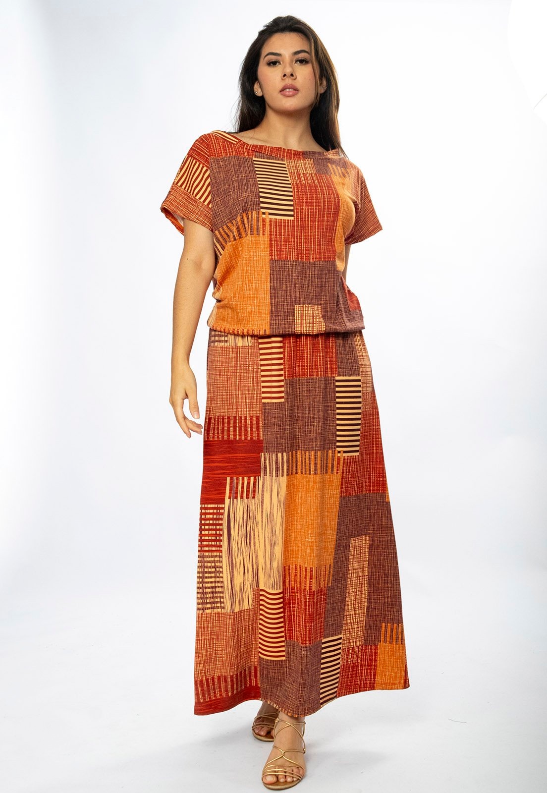 Imagem principal Vestido Longo Amazônia Vital Morcego Malha Estampa Tramas do Sol Amazonia Vital bege/marrom/vermelho