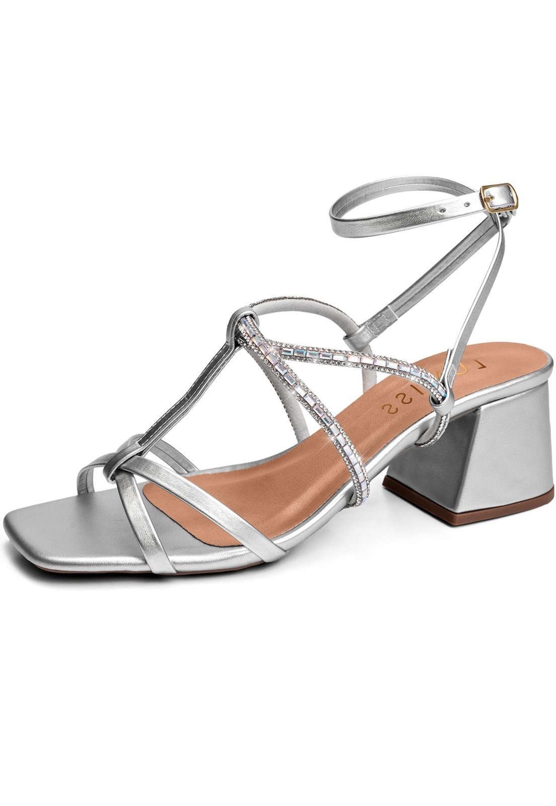 Imagem principal Sandália Feminina Lumiss Confortável Salto Baixo Bloco Bico Quadrado Brilho Strass LUMISS prata