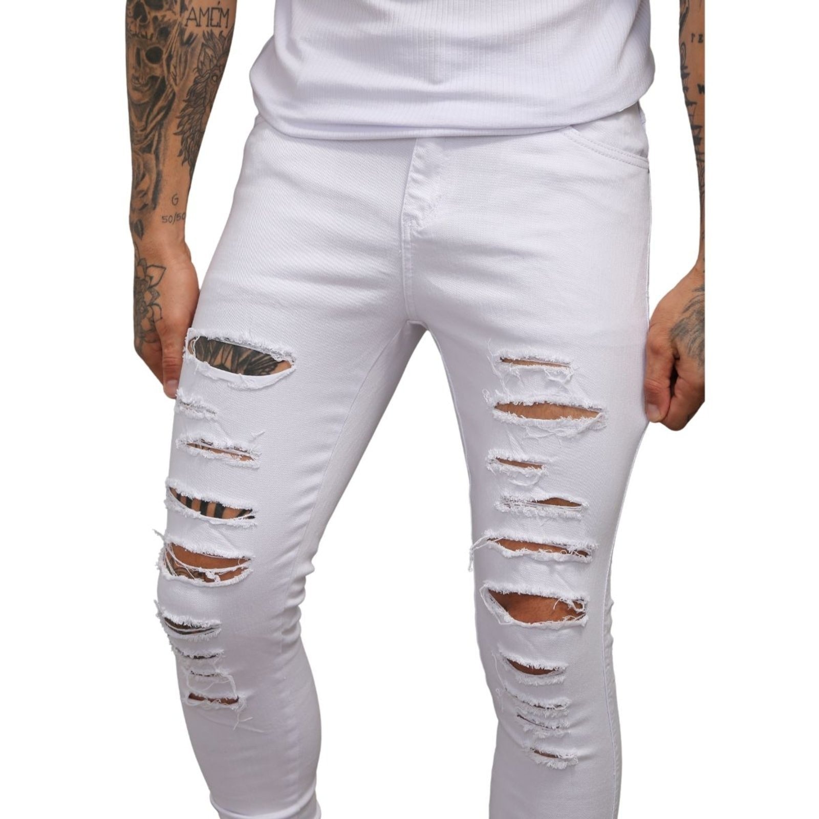 Imagem principal Calça Branca Rasgada Com Zíper Sarja Masculina Alleppo Jeans Macau Alleppo Jeans branco