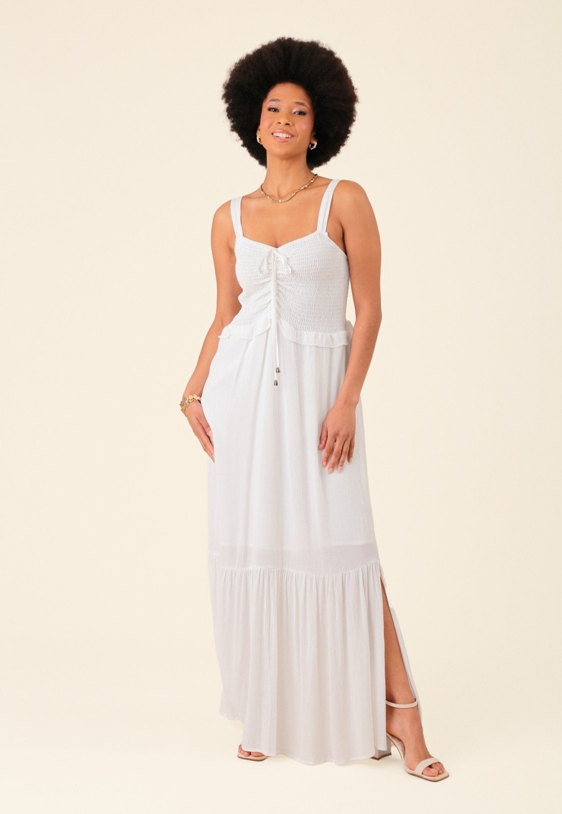 Imagem principal Vestido Longo Pop Me Em Viscose Texturizada Alça E Babados Pop Me branco