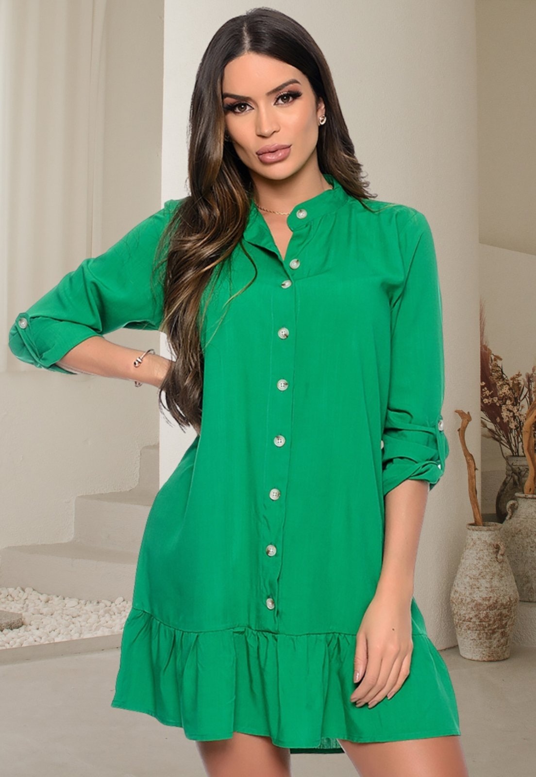 Imagem principal Vestido Chemise Botões Manga Longa B’Bonnie Rebeca Bandeira BBonnie verde