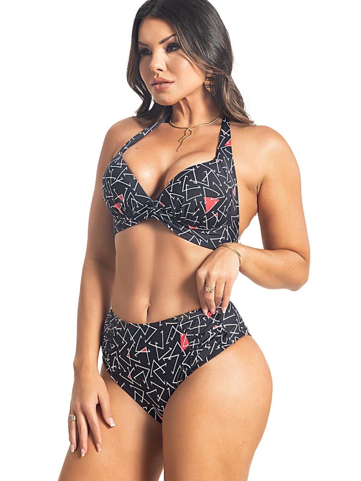 Imagem principal Editar Biquíni Sustentação Orla da Praia com Bojo Cortinão e Calcinha Drapeada Disfarça Barriga Estampado e Orla da Praia branco/preto/rosa/vermelho