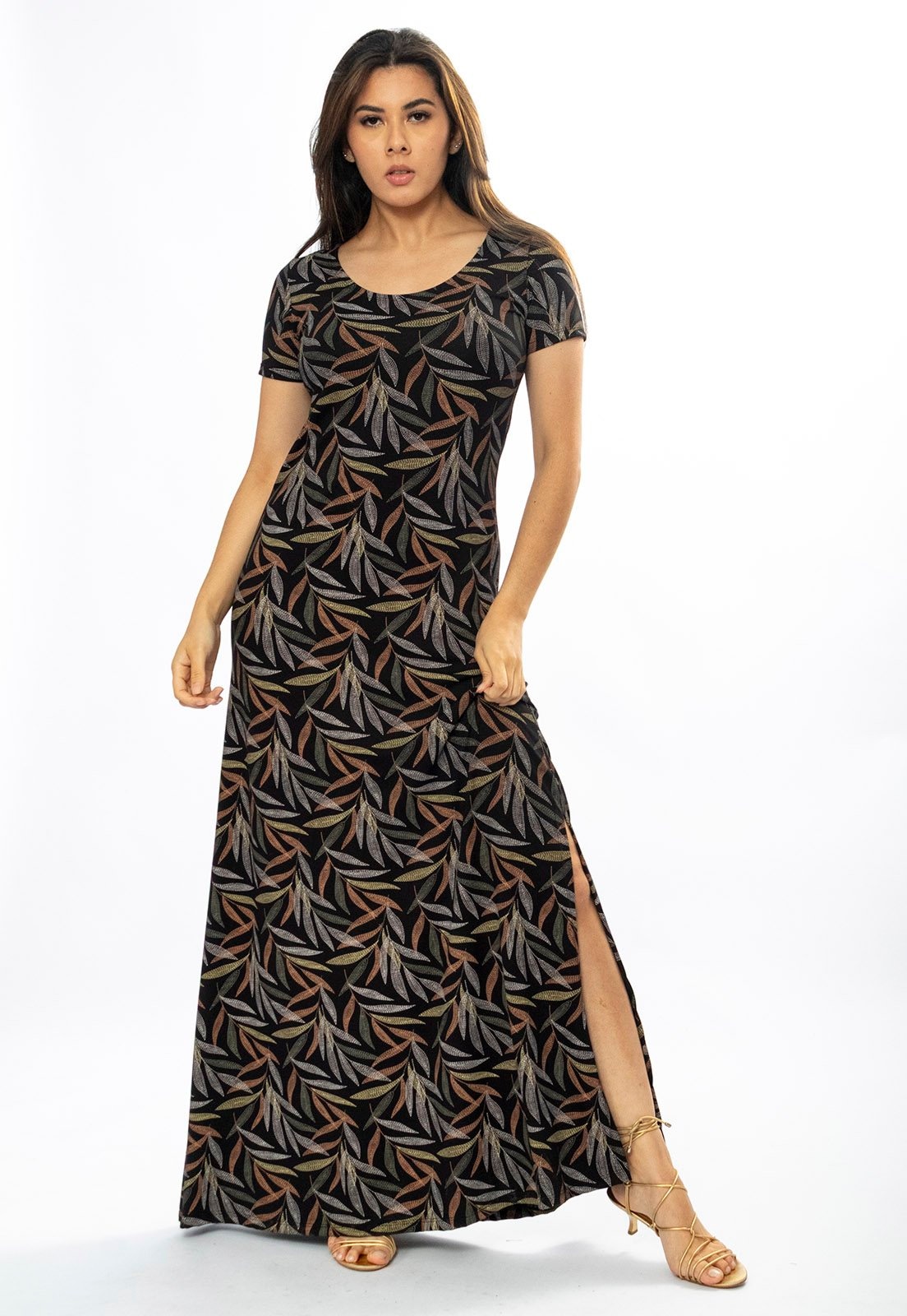 Imagem principal Vestido Longo Cabanafree Malha Gola Canoa Manga Curta Estampa Folhagem Cabanafree cinza/estampado/marrom