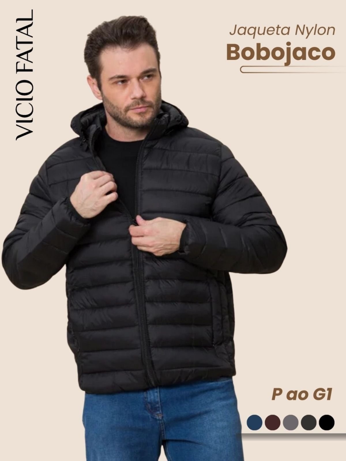 Imagem principal Jaqueta Masculina Nylon Bobojaco Impermeável Puffer Acolchoada Corta Vento Capuz Removível Confortavel Casual Tecido Premium Ultra Leve Vicio Fatal preto