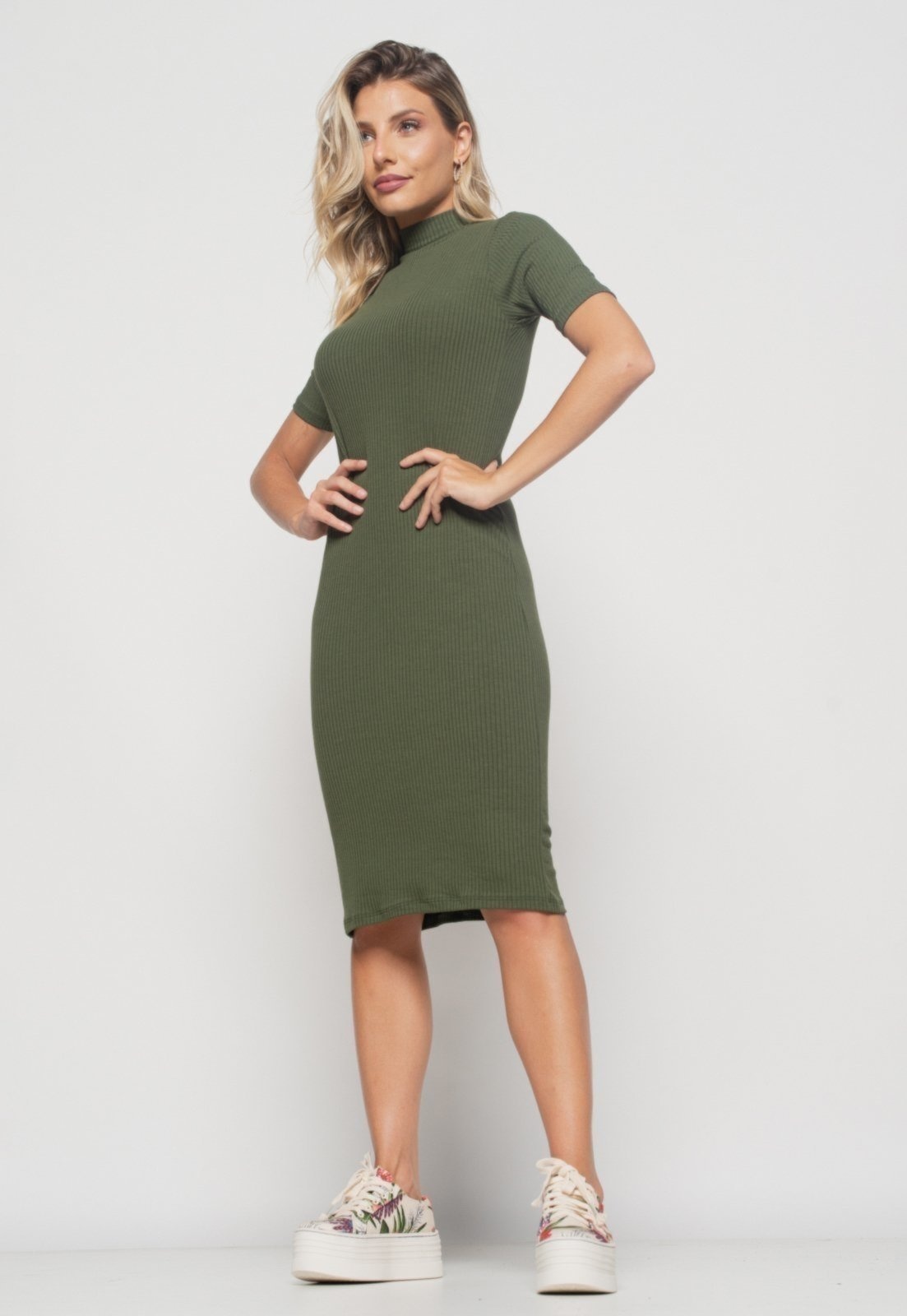 Imagem principal Vestido Salvatore Midi Manga Curta Canelado Verde Salvatore Fashion verde militar