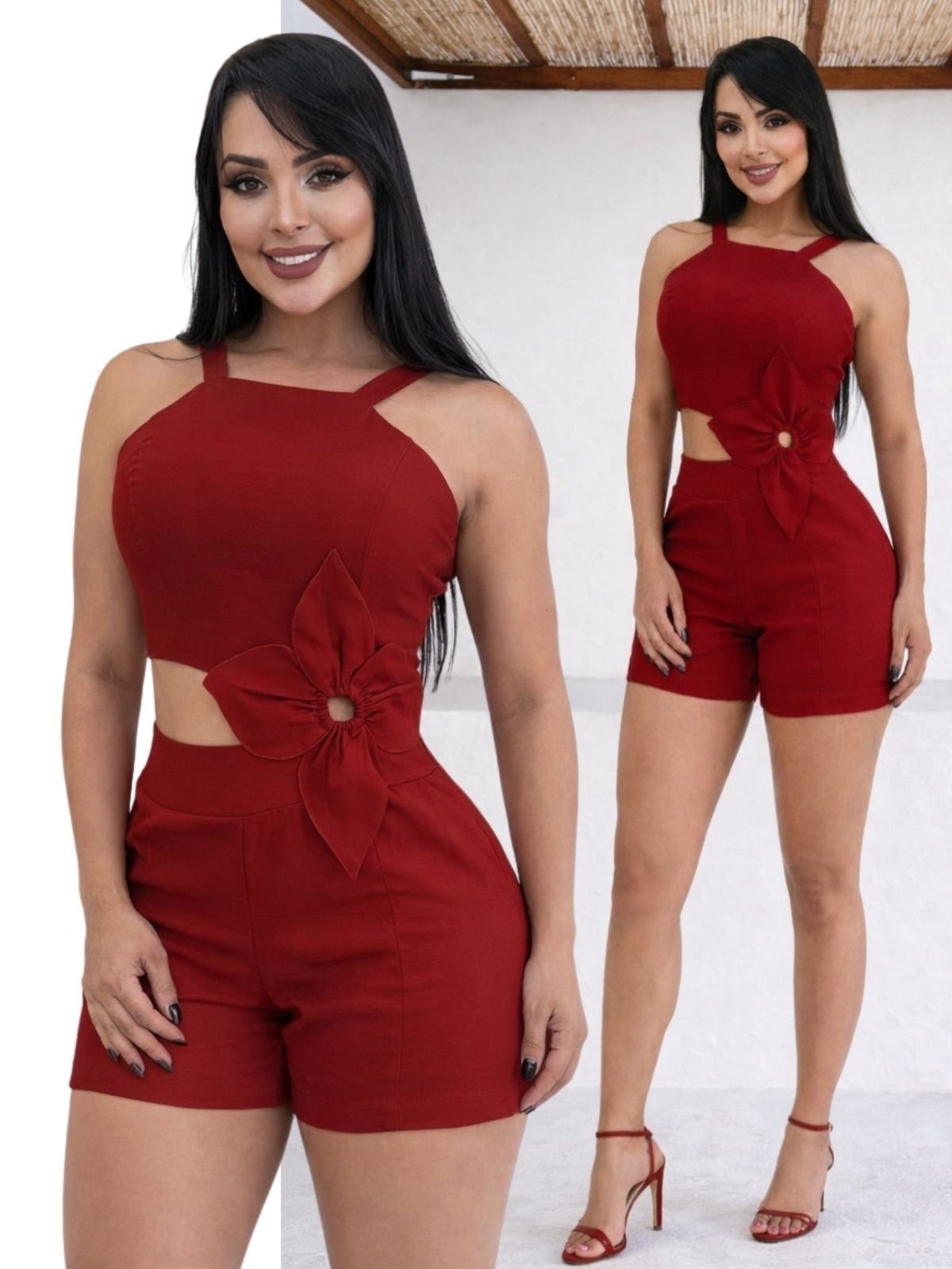 Imagem principal Macacão Feminino Curto Divina Gata Alfaiataria Flor 3D 2NV DIVINA GATA vermelho